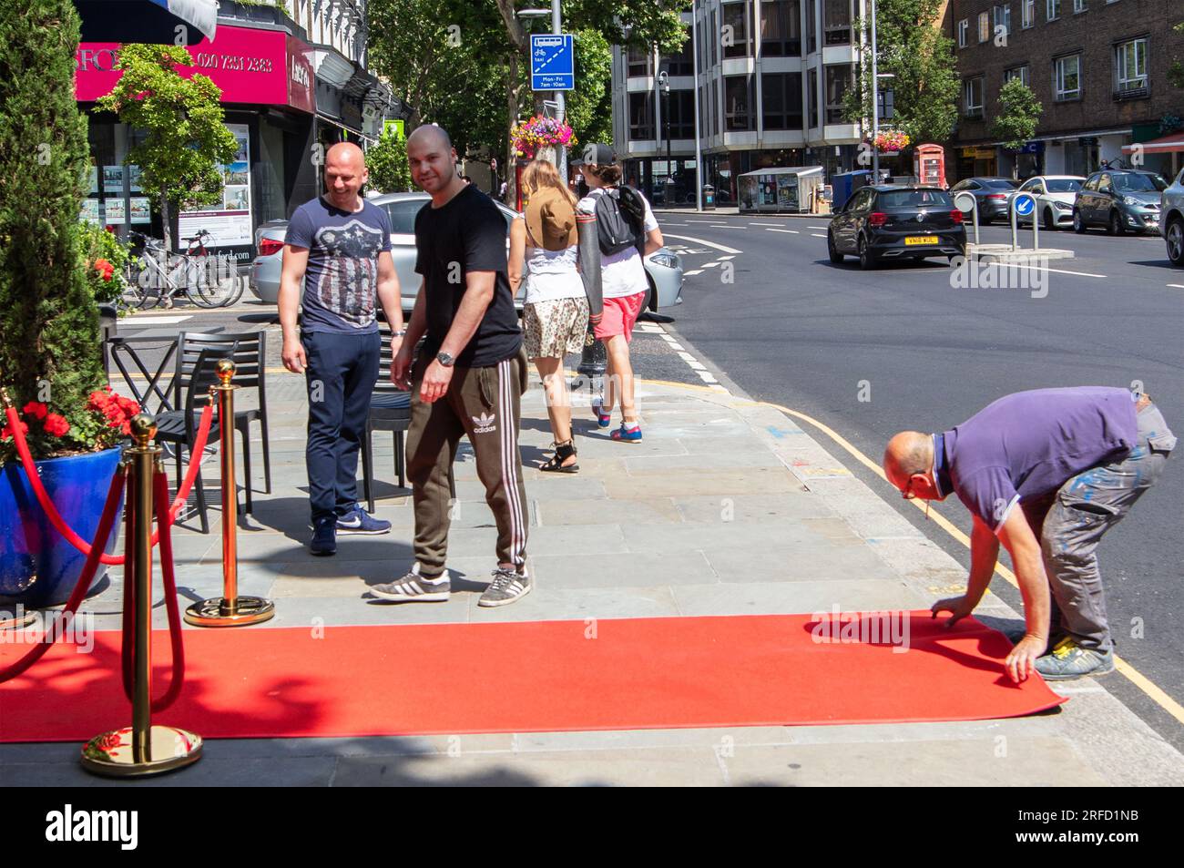 Workmen rolling out red carpet on the Kings Road, West London, outside a restaurant Stock Photo