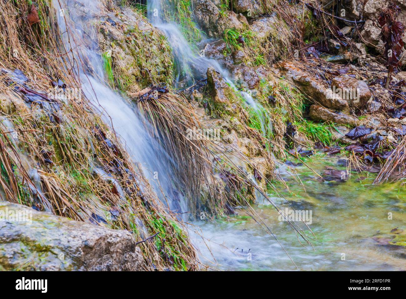 Waterfall on Block Creek at Block Creek Natural Area, a coalition of conservation oriented ranchers in Central Texas. Stock Photo