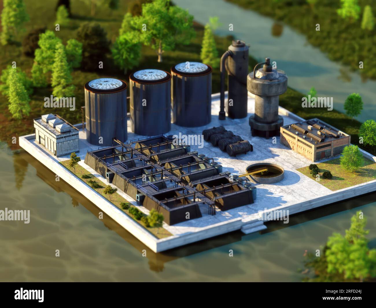 3d rendering of wastewater treatment plant - aerial view Stock Photo