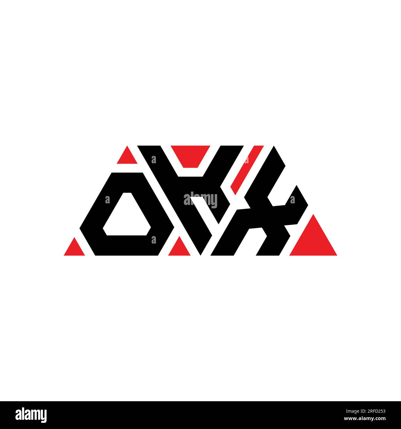 OKX triangle letter logo design with triangle shape. OKX triangle logo design monogram. OKX triangle vector logo template with red color. OKX triangul Stock Vector