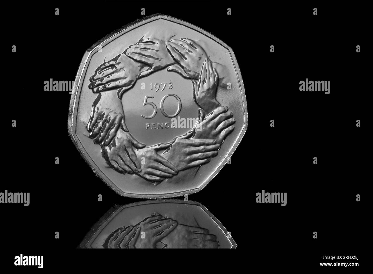 1973 50p coin to commemorate the UK entering into the European Economic Community and was the first commemorative fifty pence coin Stock Photo