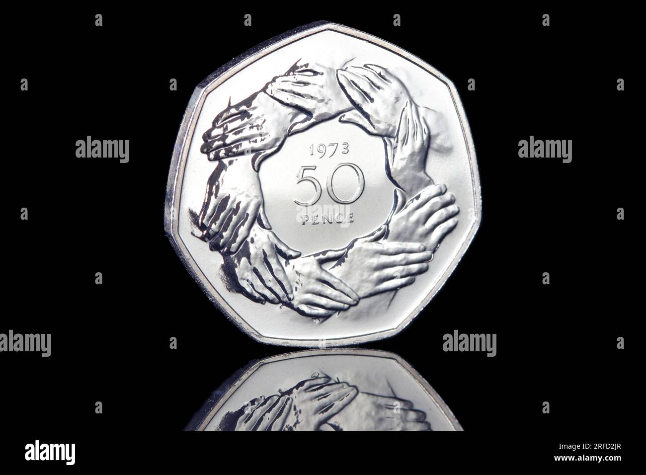 A 1973 50 pence piece to commeorate the nited Kingdom entering in to the european economic community. It is also the first commemorative 50p coin Stock Photo