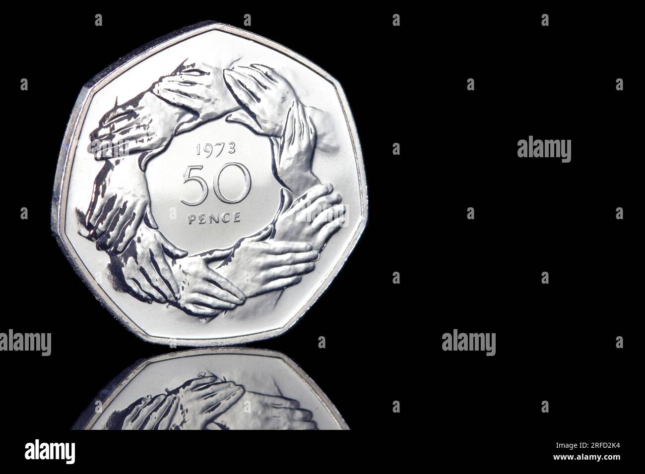 A 1973 50 pence piece to commeorate the nited Kingdom entering in to the european economic community. It is also the first commemorative 50p coin Stock Photo