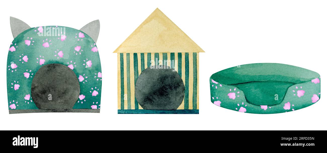 Lovely houses and beds for cats and dogs. A set of watercolor illustrations on the theme of pets, pet store products. Stock Photo