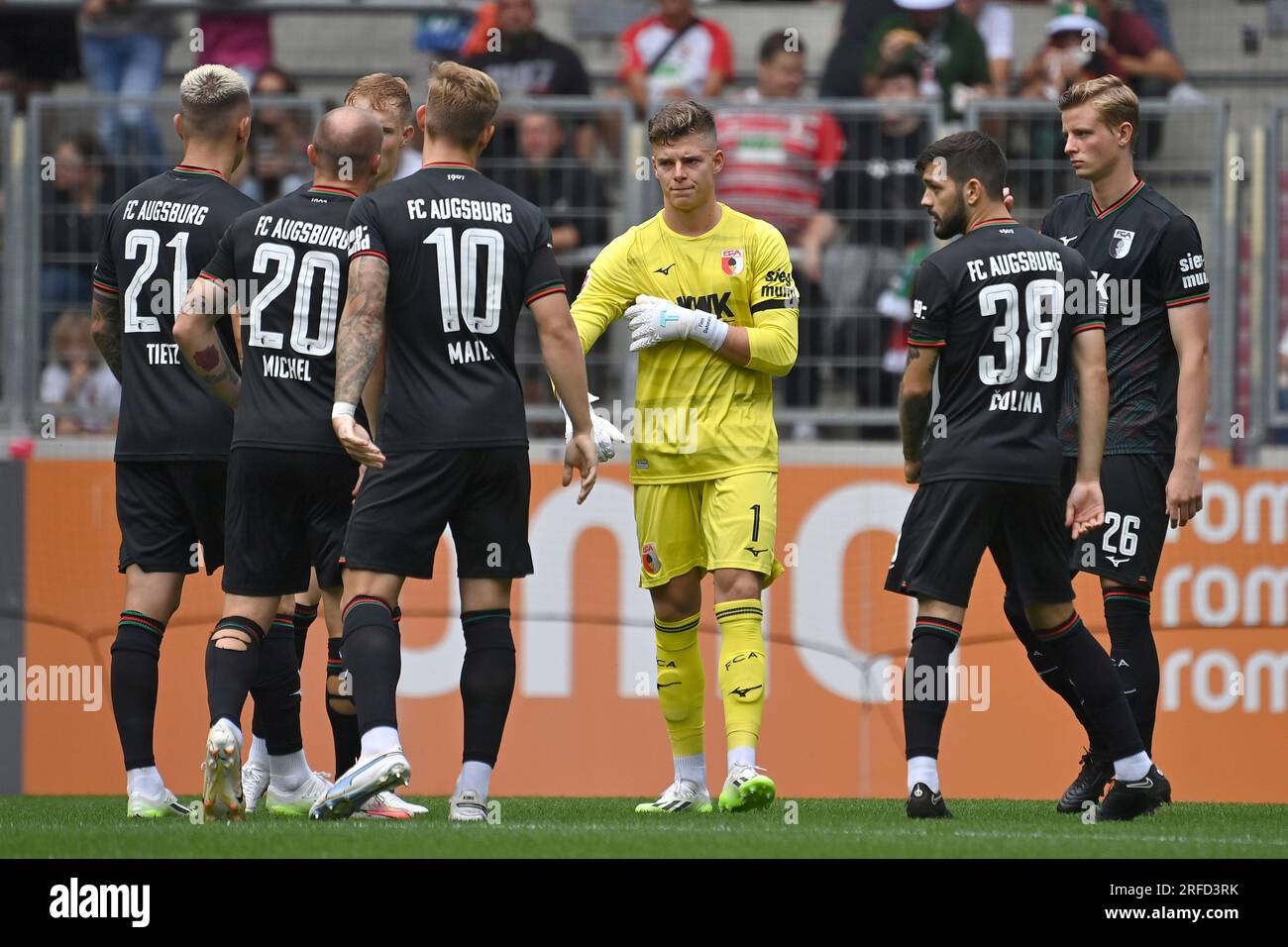 From left:Phillip TIETZ (Augsburg), Sven MICHEL (FC Augsburg), Arne MAIER (FC Augsburg), goalwart Finn DAHMEN (FC Augsburg), David COLINA (FC Augsburg), Frederik WINTHER (FC Augsburg). Soccer test match FC Augsburg - Ajax Amsterdam 3-1 on July 29th, 2023, WWK Arena Augsburg. Football 1st Bundesliga, season 2023/2024. ? Stock Photo