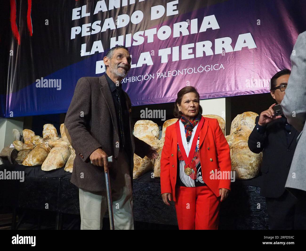 Lima, Peru. 02nd Aug, 2023. Mario Urbina (L) Peruvian paleontologist and Dr. Jeri Ramon Ruffner (R), rector of the National University of San Marcos (UNMSM) in front of the fossilized vertebrae of the 'Perucetus Colossus', the heaviest animal in the history of the earth, at the Natural History Museum of the National University of San Marcos (UNMSM). The Perucetus Colossus was a cetacean that lived 39 million years ago and it is believed that, with a length of 20 meters, it weighed 199 tons. The Fossil was discovered by the Peruvian Paleontologist Mario Urbina in 2013 in the Ica desert. Stock Photo