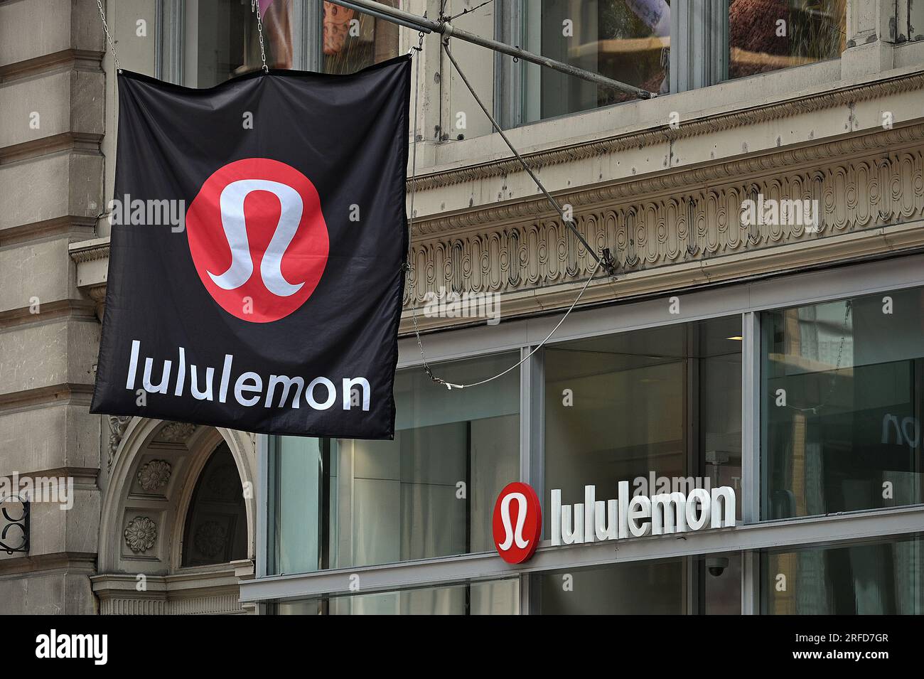 New York, USA. 02nd Aug, 2023. View of Lululemon banner above its