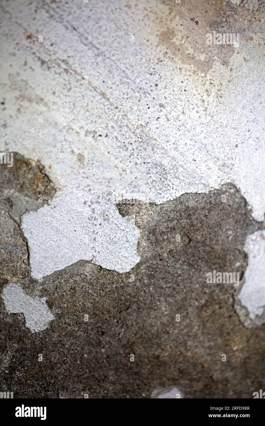 Old white wall with damaged plaster close up buildings surfaces background shattered cement big size high quality instant stock photography printing v Stock Photo