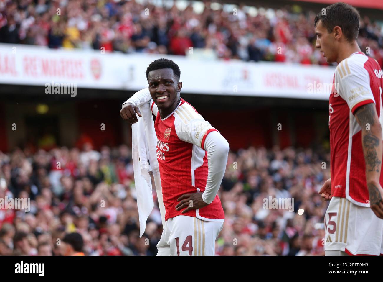 London, UK. 02nd Aug, 2023. Eddie Nketiah of Arsenal celebrates his goal during the Emirates Cup match between Arsenal and Monaco at the Emirates Stadium, London, England on 2 August 2023. Photo by Joshua Smith. Editorial use only, license required for commercial use. No use in betting, games or a single club/league/player publications. Credit: UK Sports Pics Ltd/Alamy Live News Stock Photo