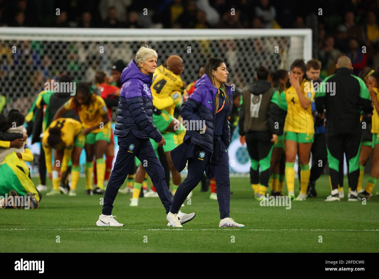 Melbourne, Australia. 02nd Aug, 2023. Pia Sundhage (L) Head coach of Australia Tony Gustavsson of the Brazilian team seen after the FIFA Women's World Cup Australia & New Zealand 2023 Group match between Jamaica and Brazil at Melbourne Rectangular Stadium.The game ended in a draw 0-0. (Photo by George Hitchens/SOPA Images/Sipa USA) Credit: Sipa USA/Alamy Live News Stock Photo