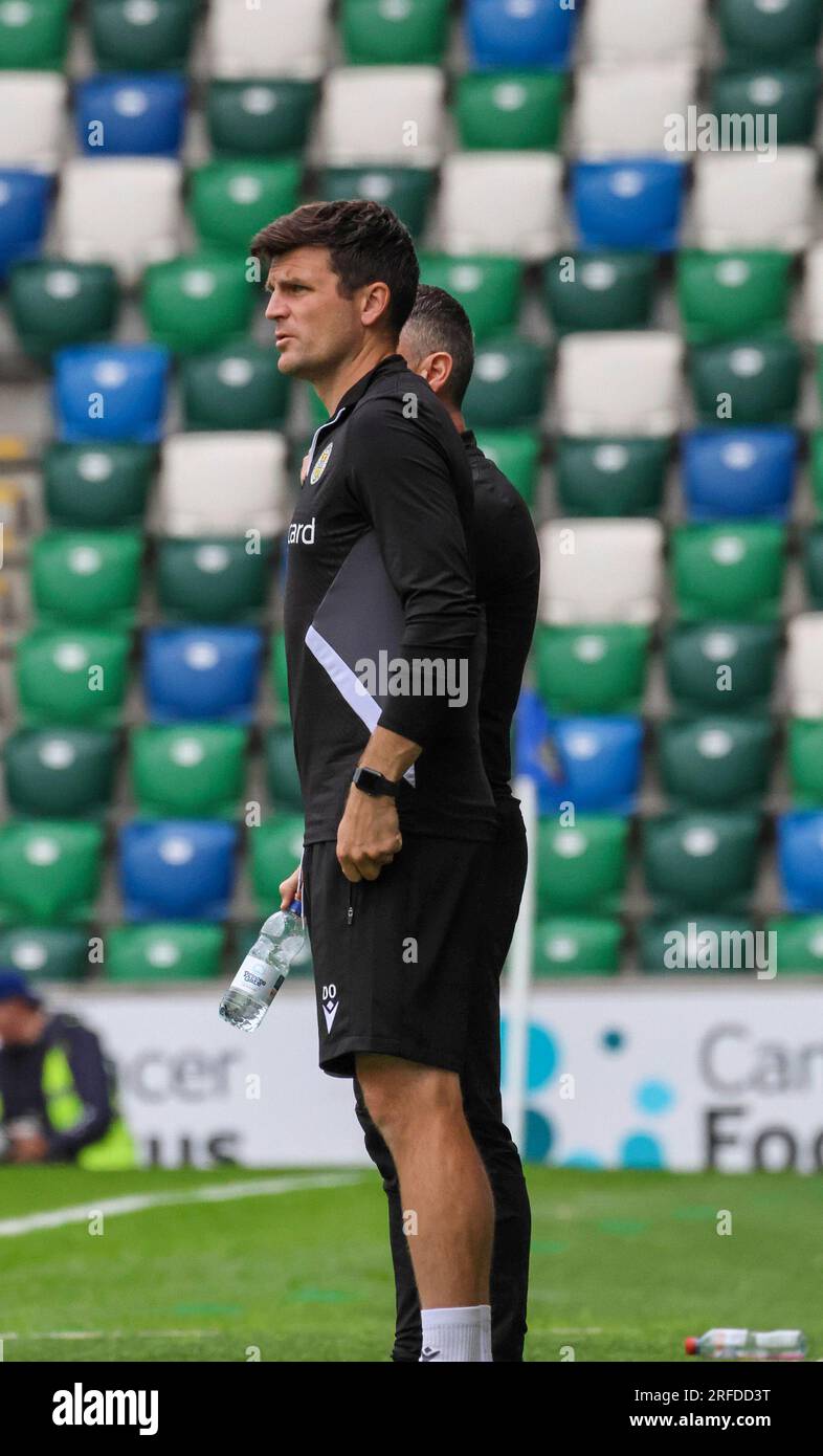 Windsor Park, Belfast, Northern Ireland, UK. 01 Jul 2023. Niall Quinn Testimonial game, Linfield 0 St Mirren 1. Scottish Premier League assistant manager, Scottish League football assistant manager, St Mirren assistant manager Diarmuid OCarroll. Stock Photo