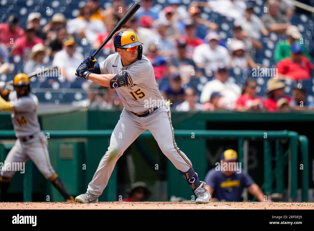 Milwaukee, WI, USA. 16th Apr, 2021. Milwaukee Brewers right fielder Tyrone  Taylor #42 looks toward the Brewers bench after hitting a run scoring  double in the 5th inning of the Major League