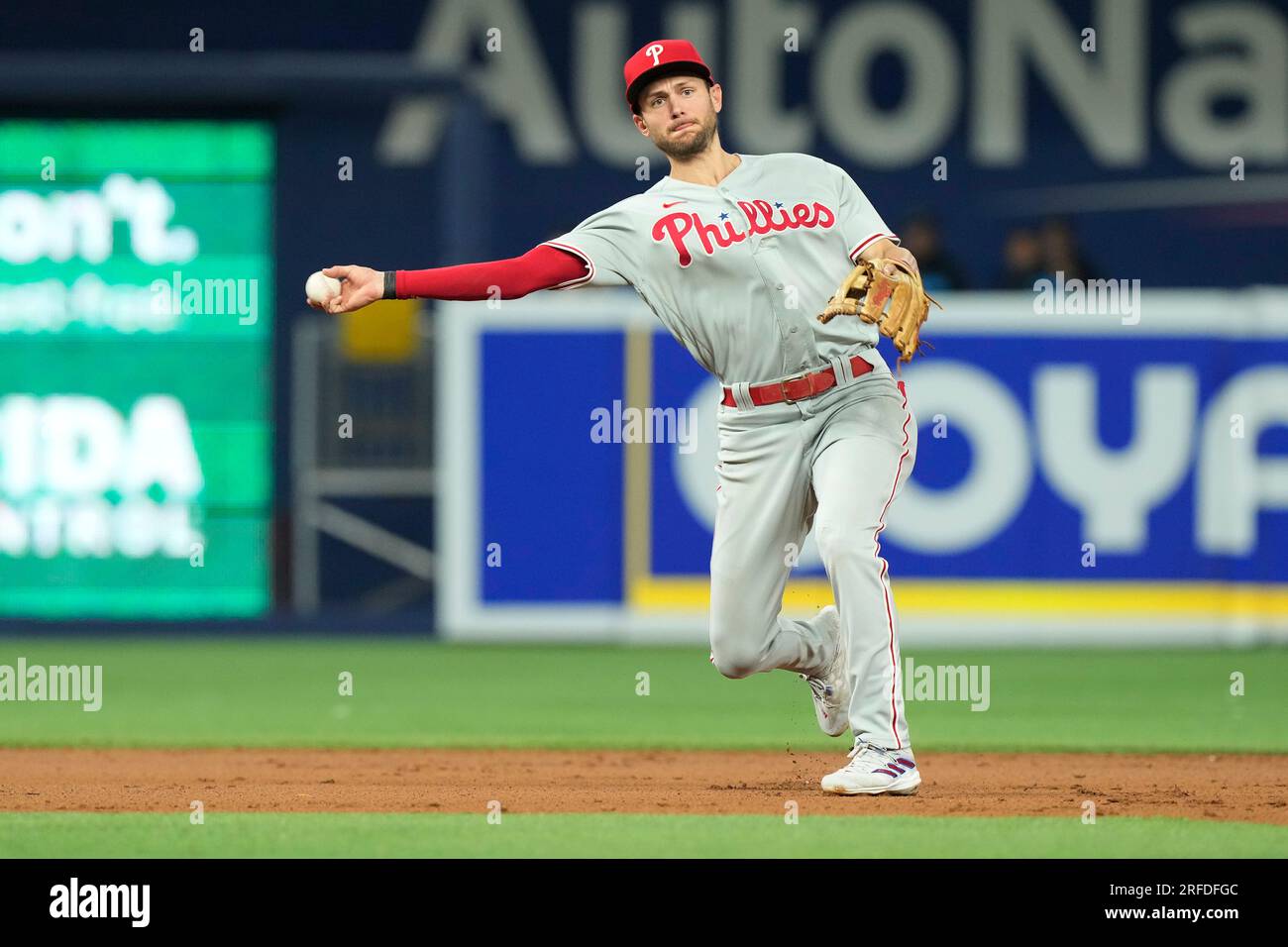 Philadelphia Phillies shortstop Trea Turner throws to first base during