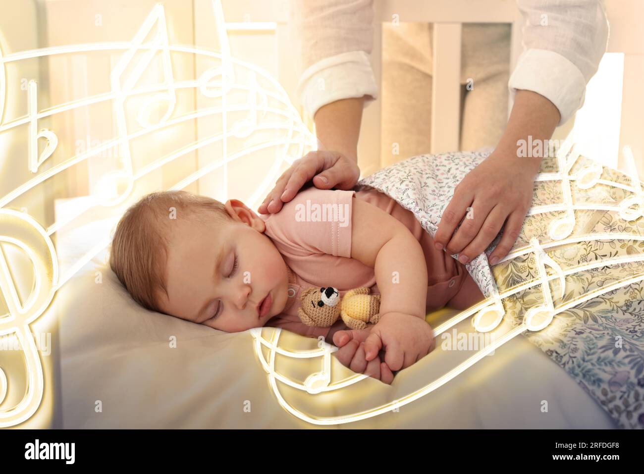 Lullaby songs. Mother covering her sleeping baby with blanket at home