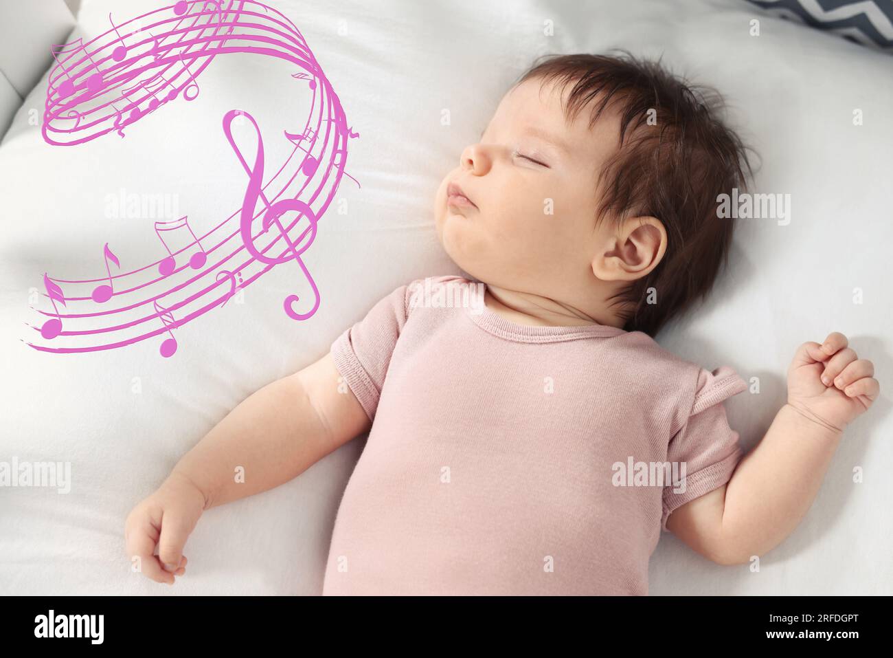 Lullaby songs. Cute little baby sleeping on bed. Illustration of flying