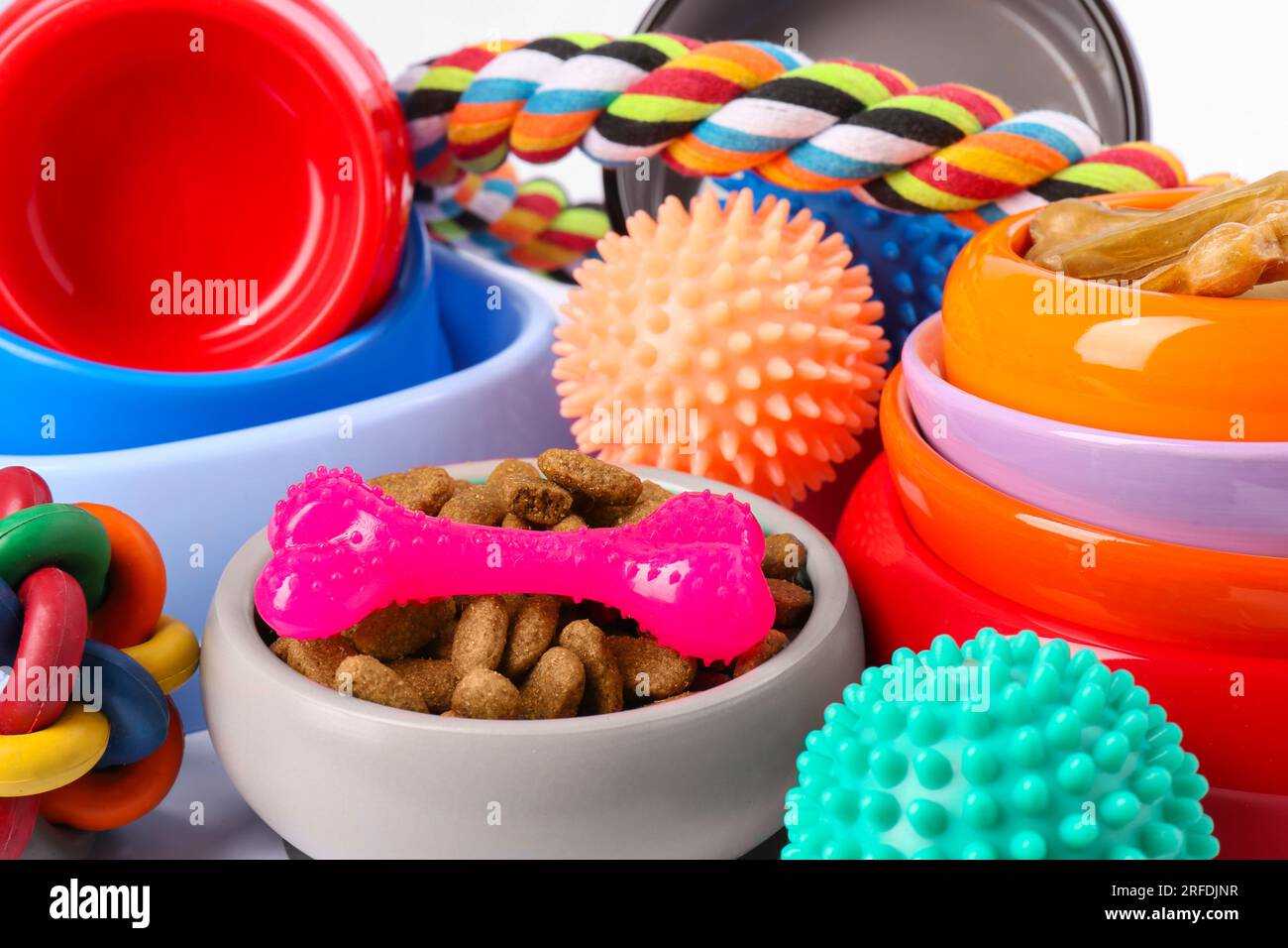 Different pet goods on white background, closeup. Shop assortment Stock