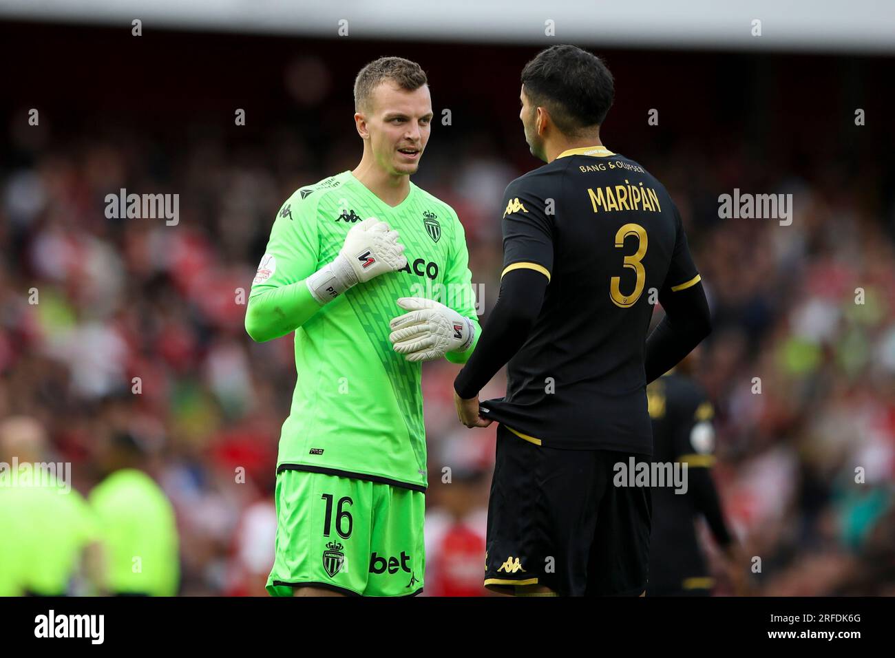 AS Monaco goalkeeper Philipp Kohn talks to his team mate during the Emirates Cup match between Arsenal and AS Monaco at the Emirates Stadium, London on Wednesday 2nd August 2023. (Photo: Tom West | MI News) Credit: MI News & Sport /Alamy Live News Stock Photo
