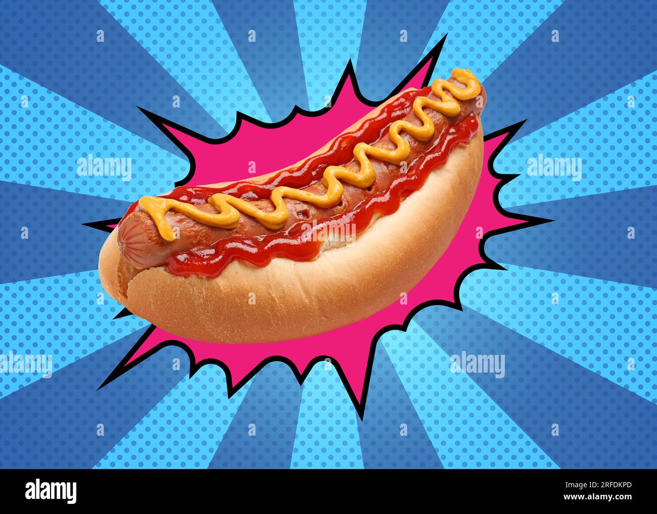 Yummy hot dog with ketchup and mustard on bright comic background Stock