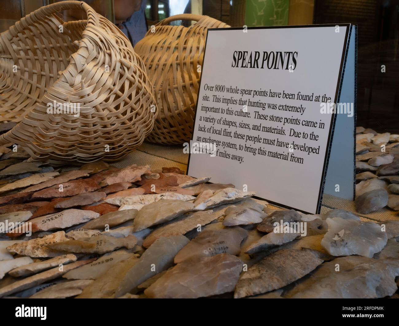 Prehistoric carved stone spear points excavated at Poverty Point National Monument in Louisiana. They're on display at the Poverty Point UNESCO World Stock Photo
