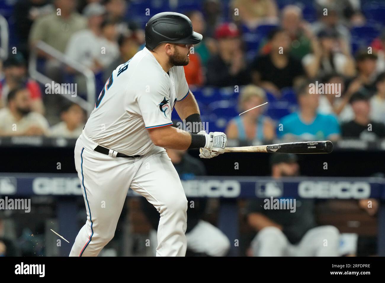 Miami Marlins' Jake Burger celebrates his home run during the third inning  of a baseball game against the Washington Nationals, Saturday, Sept. 2,  2023, in Washington. (AP Photo/Nick Wass Stock Photo - Alamy