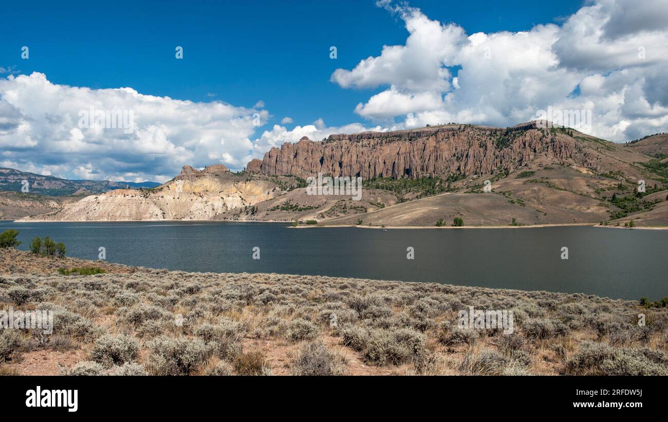 The Dillon Pinnacles, formed of West Elk Breccia, above the Blue Mesa Reservoir in Gunnison County, Colorado. Stock Photo
