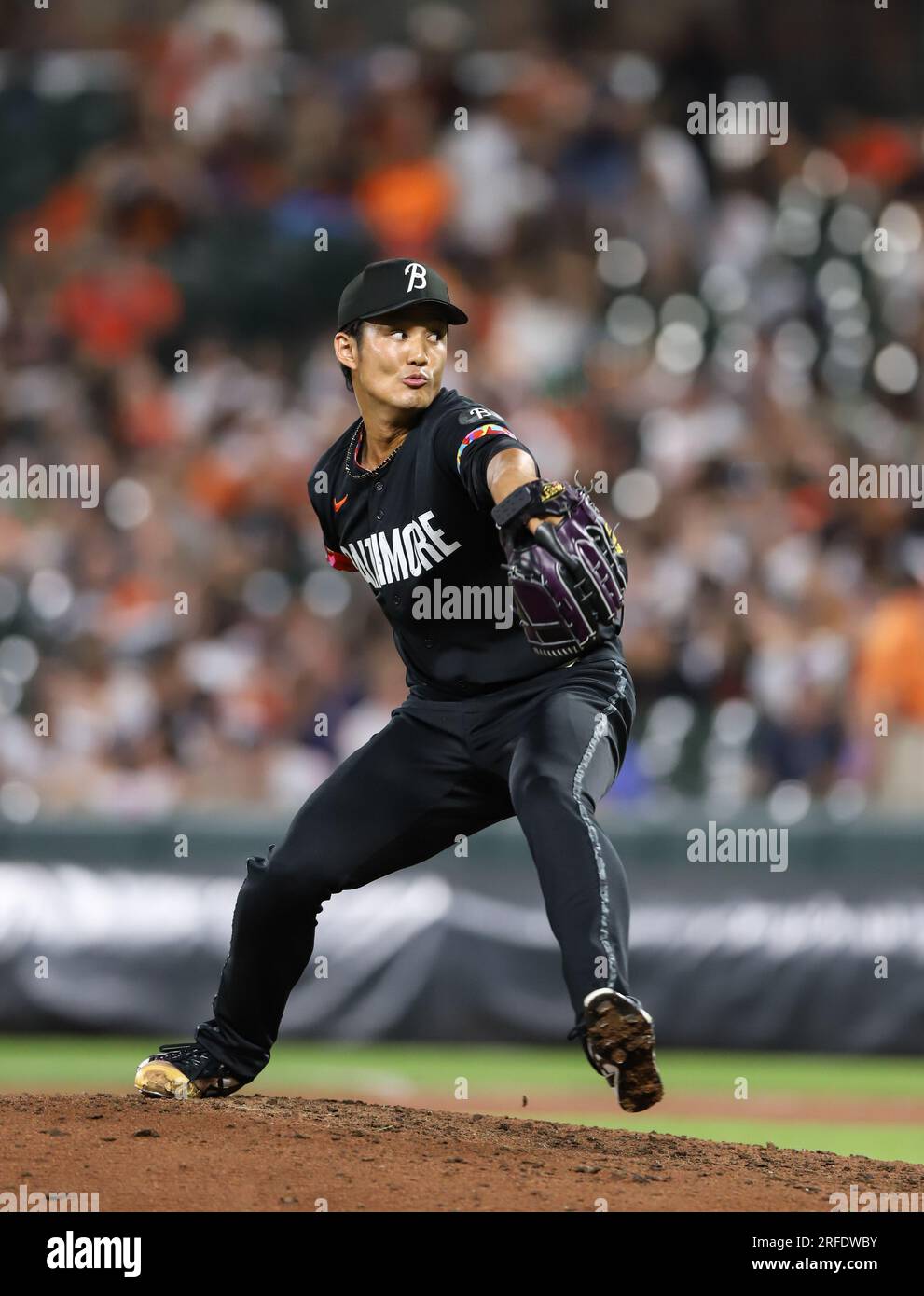 Baltimore, United States. 28th July, 2023. Baltimore Orioles' pitcher Shintaro  Fujinami (14) whom was recently traded from the Oakland Athletics makes his  Oriole Park debut in the top of the seventh inning