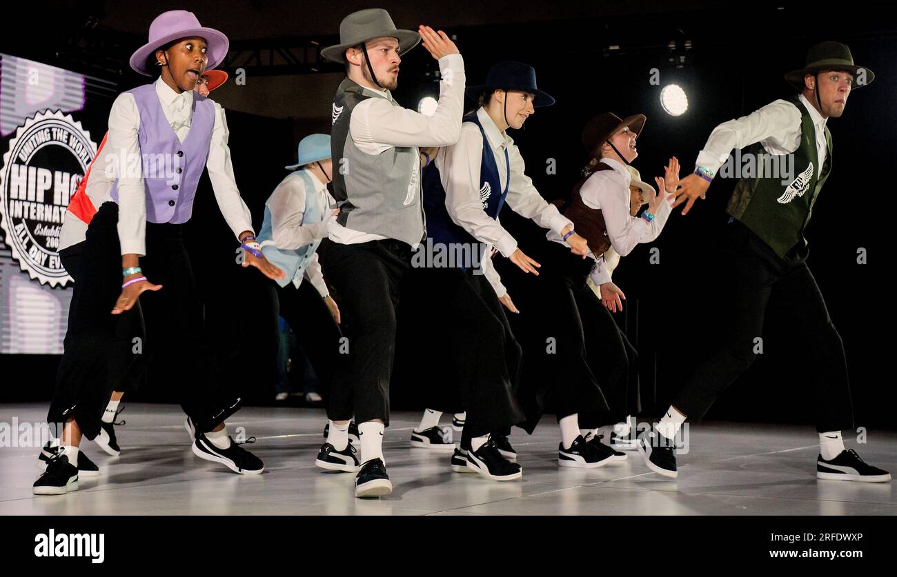 August 02, 2023 - Phoenix, Arizona, USA - UNITY UK from Great Britain  competes in the Adult Division Preliminaries at the World Hip Hop Dance  Championship. Some 3,000 dancers from dozens of