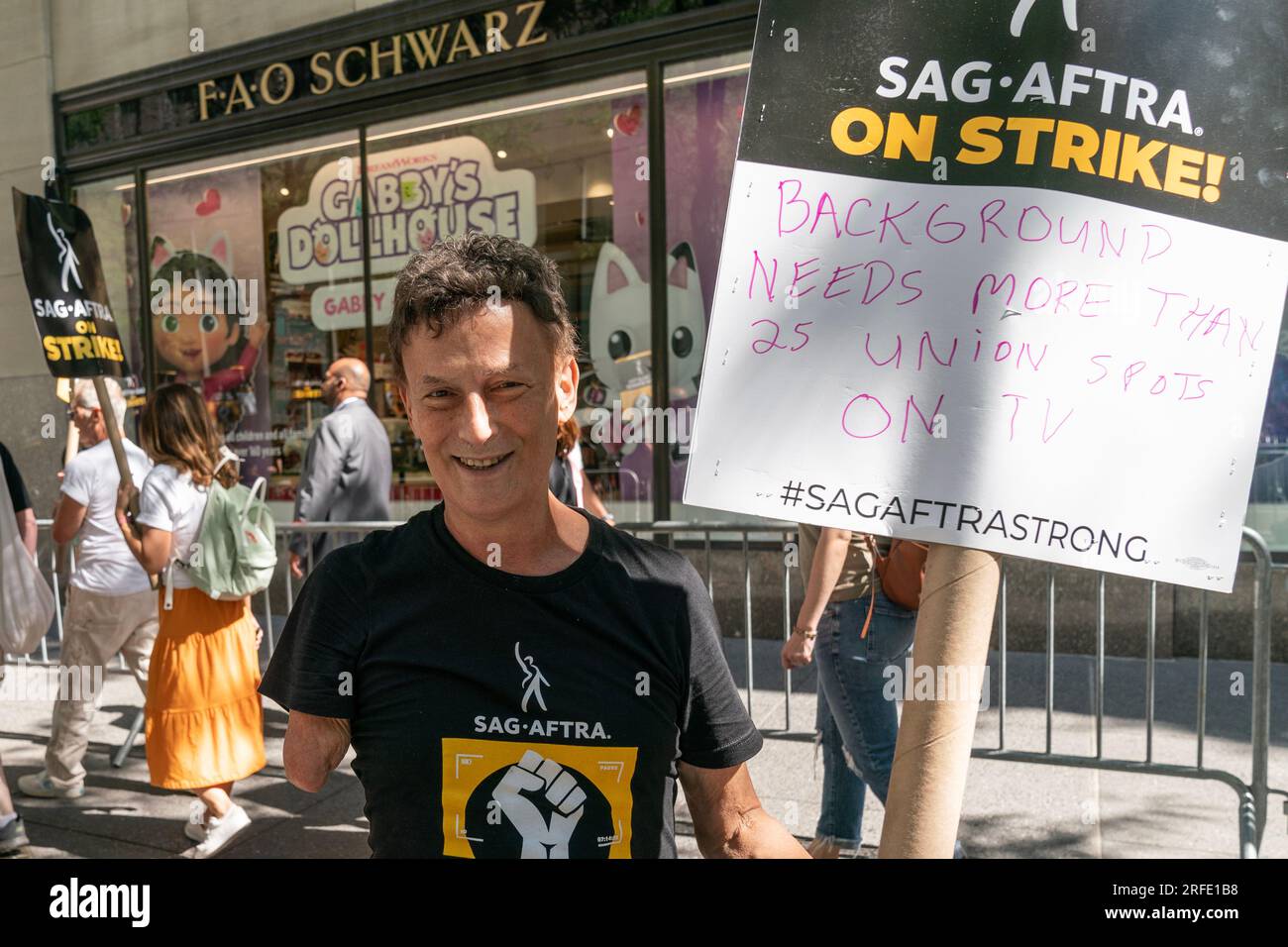 Strike workers of WGA and SAGAFTRA continue picket line in front of NBCUniversal headquarters
