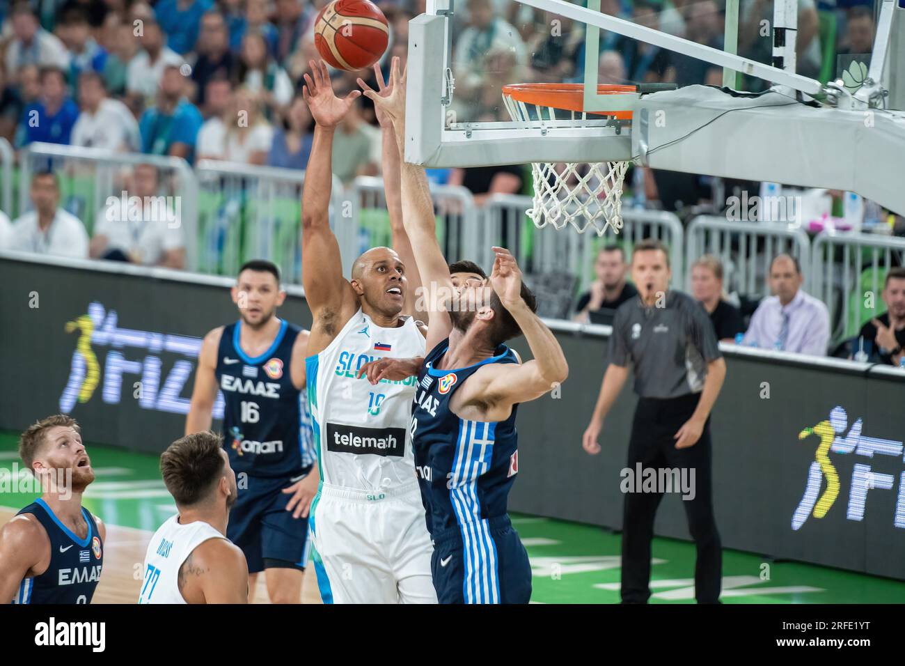Ljubljana, Slovenia. 02nd Aug, 2023. Jordan Daniel Morgan (C) of Slovenia seen in action during the International friendly basketball game between Slovenia and Greece at Arena Stozice. Final score; Slovenia 91: 98 Greece. Credit: SOPA Images Limited/Alamy Live News Stock Photo