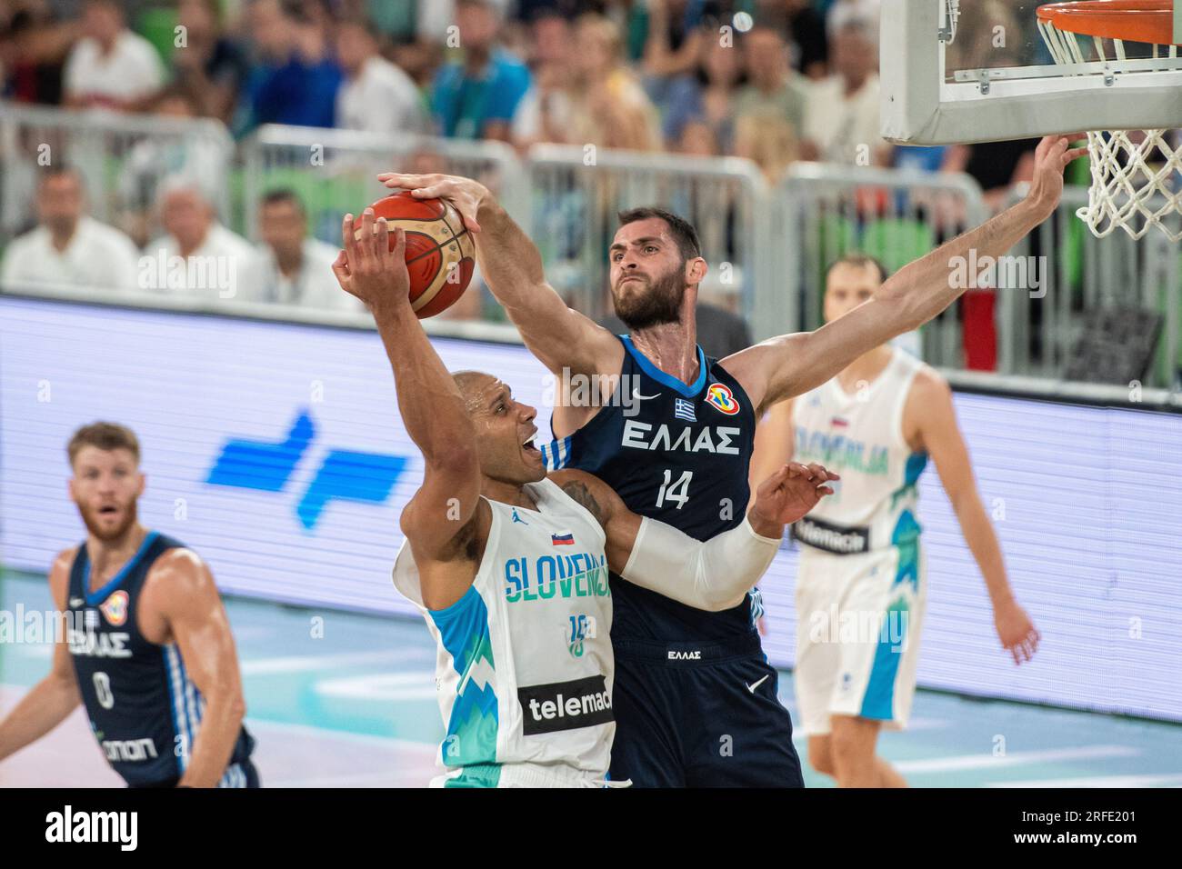 Ljubljana, Slovenia. 02nd Aug, 2023. Jordan Daniel Morgan (L) of Slovenia and Georgios Papagiannis (R) of Greece seen in action during the International friendly basketball game between Slovenia and Greece at Arena Stozice. Final score; Slovenia 91: 98 Greece. Credit: SOPA Images Limited/Alamy Live News Stock Photo