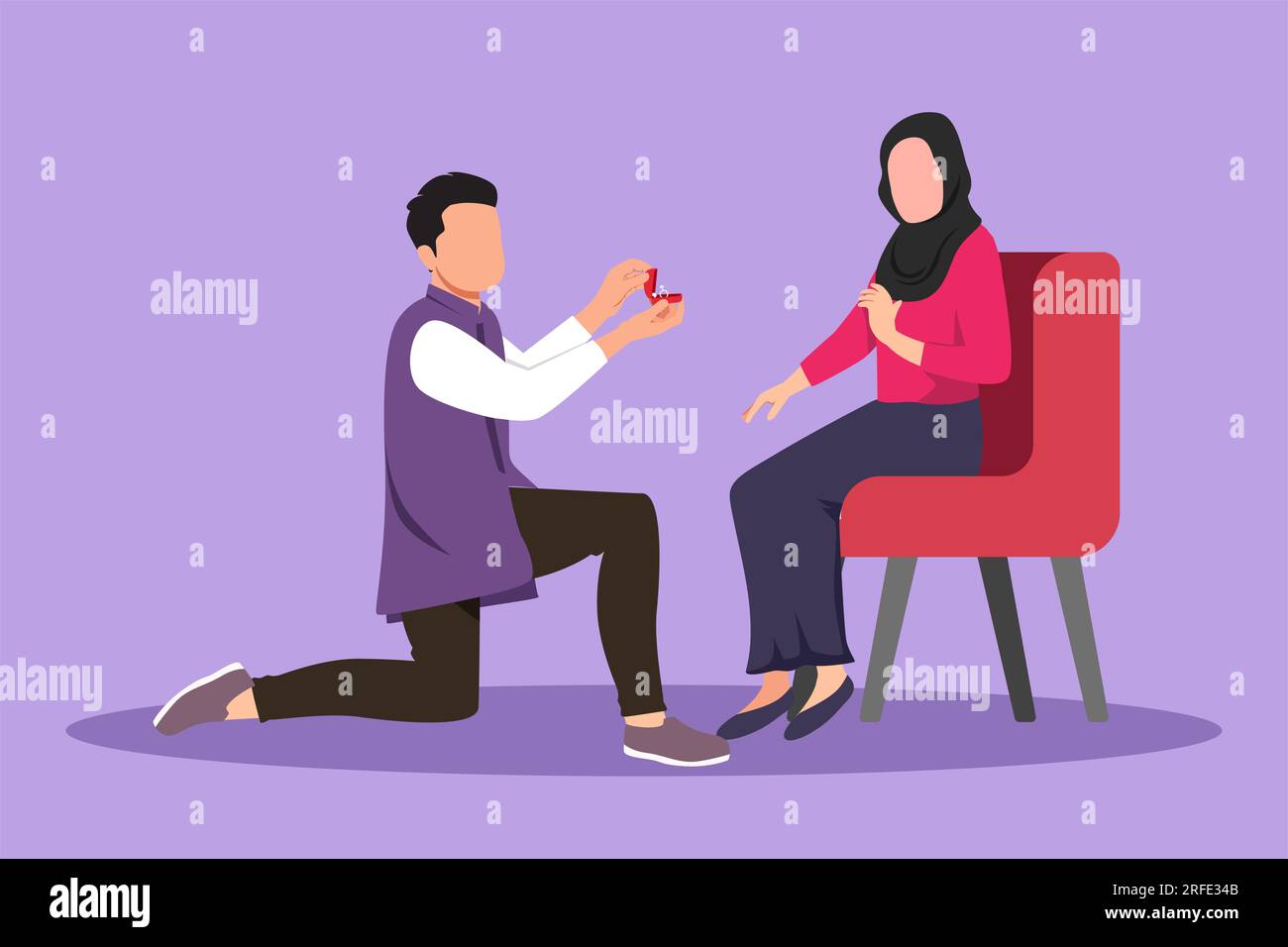 Graphic flat design drawing happy Arab man proposes to woman sitting on chair and gives ring. Couple getting ready for wedding. Bride and groom celebr Stock Photo