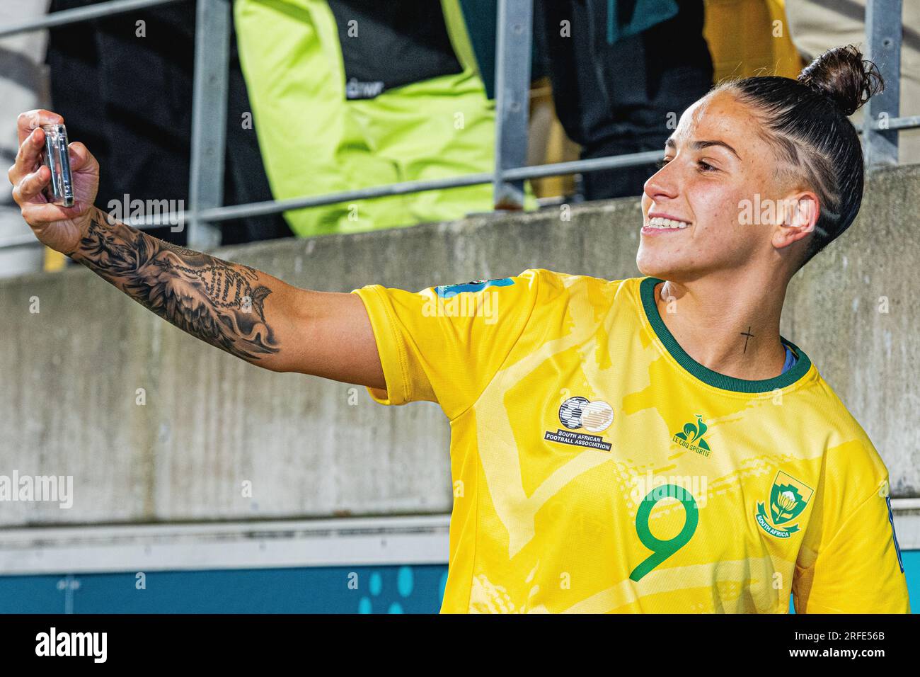 Wellington, Wellington, New Zealand. 2nd August, 2023. South African midfielder Gabriela Salgado celebrates after her side beat Italy 3-2 to reach the last sixteen after the 2023 FIFA Womens World Cup Group G match between South Africa and Italy at the Wellington Regional Stadium in Wellington, New Zealand (Credit Image: ©James Foy/Alamy Live News) Stock Photo