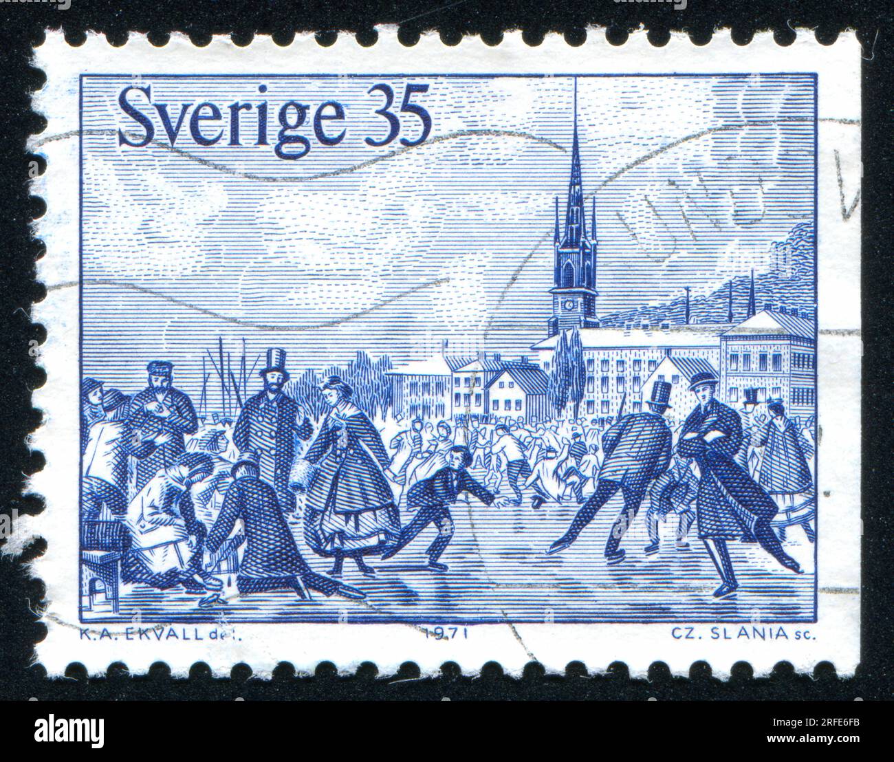 SWEDEN - CIRCA 1971: stamp printed by Sweden, shows Ice skating on frozen waterways in Stockholm, circa 1971 Stock Photo