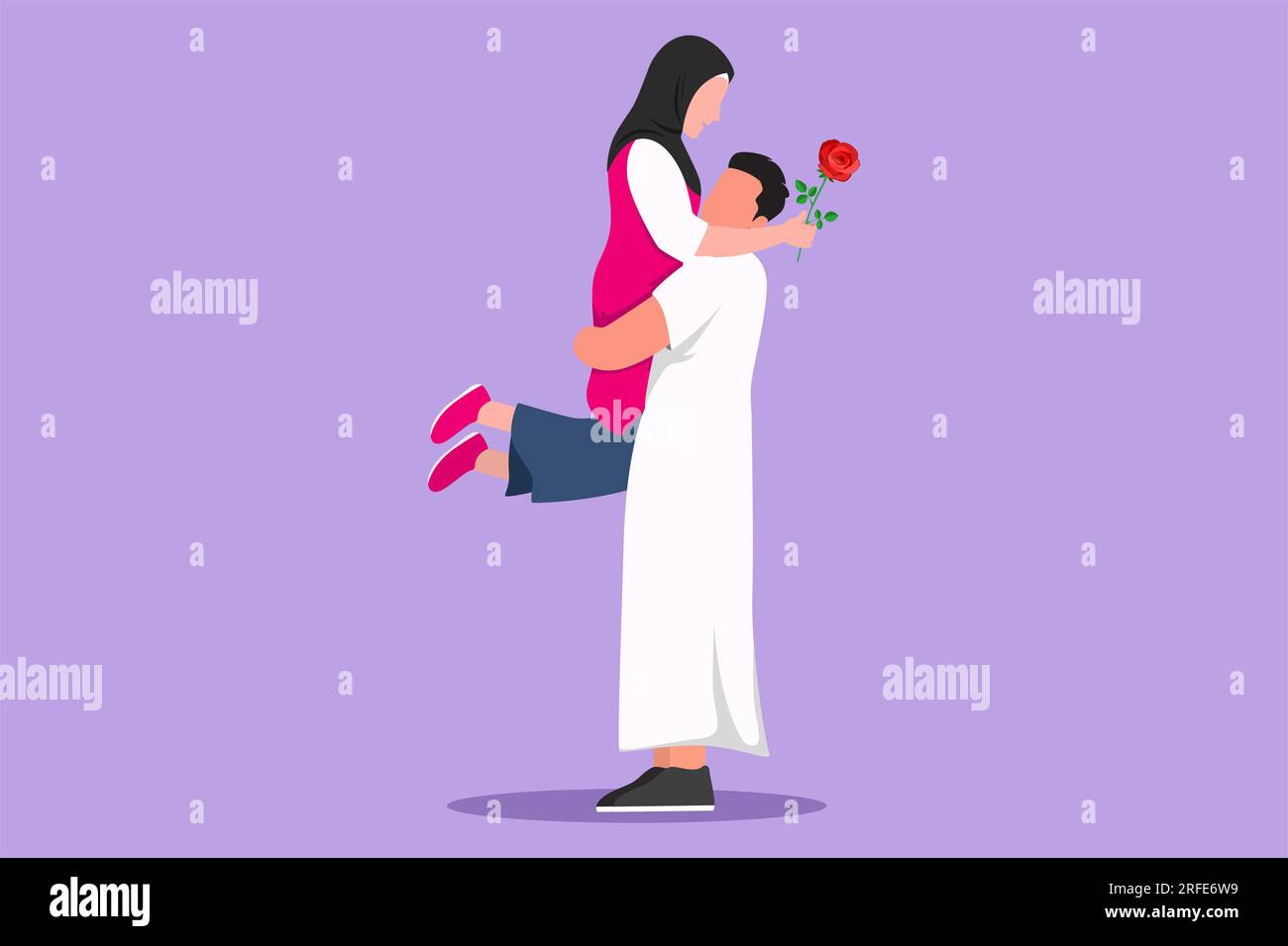 Character flat drawing happy Arabian man making proposal marriage to woman with rose flower. Guy surprises his girl and giving flowers. Engagement and Stock Photo