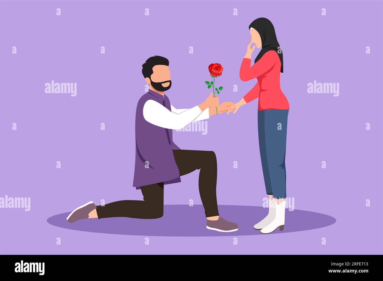 Graphic flat design drawing handsome man on knee gives flowers to beauty woman. Guy giving to girl rose flower for propose her. Happy romantic Arabian Stock Photo