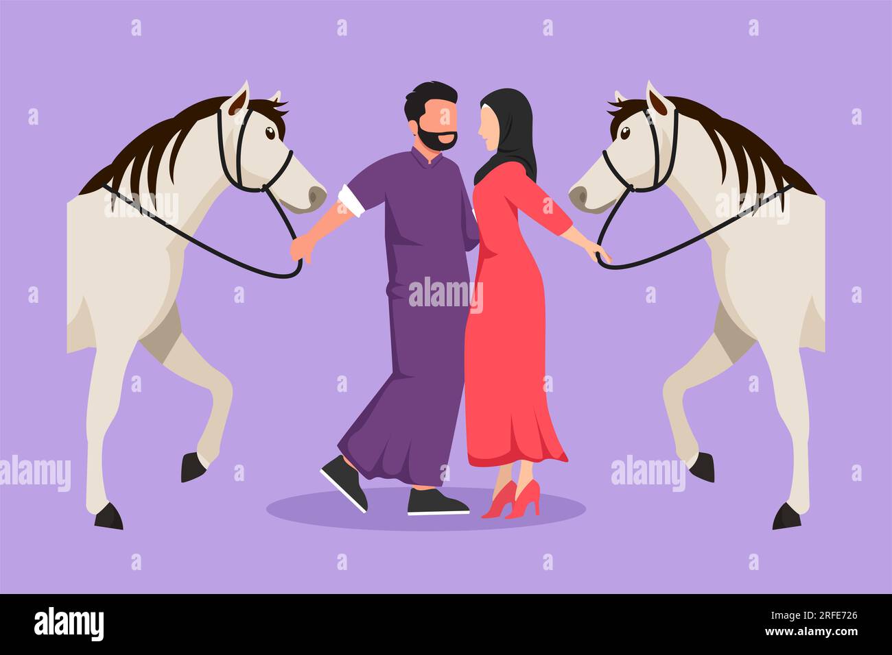 Graphic flat design drawing romantic Arab couple standing and talking beside they horses. Man and woman meet for dating with ride horse. Engagement an Stock Photo