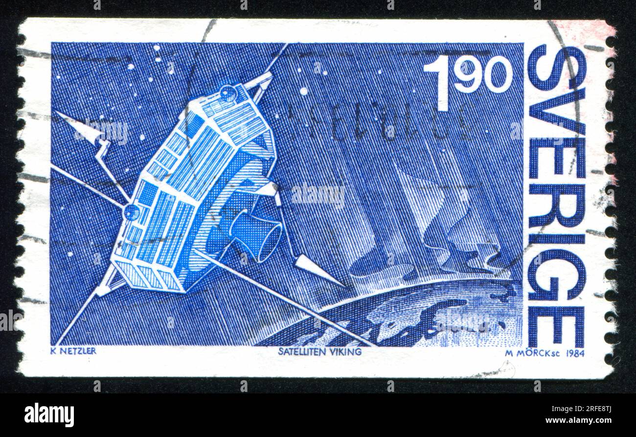 RUSSIA KALININGRAD, 20 OCTOBER 2013: stamp printed by Sweden, shows Viking Satellite, circa 1984 Stock Photo