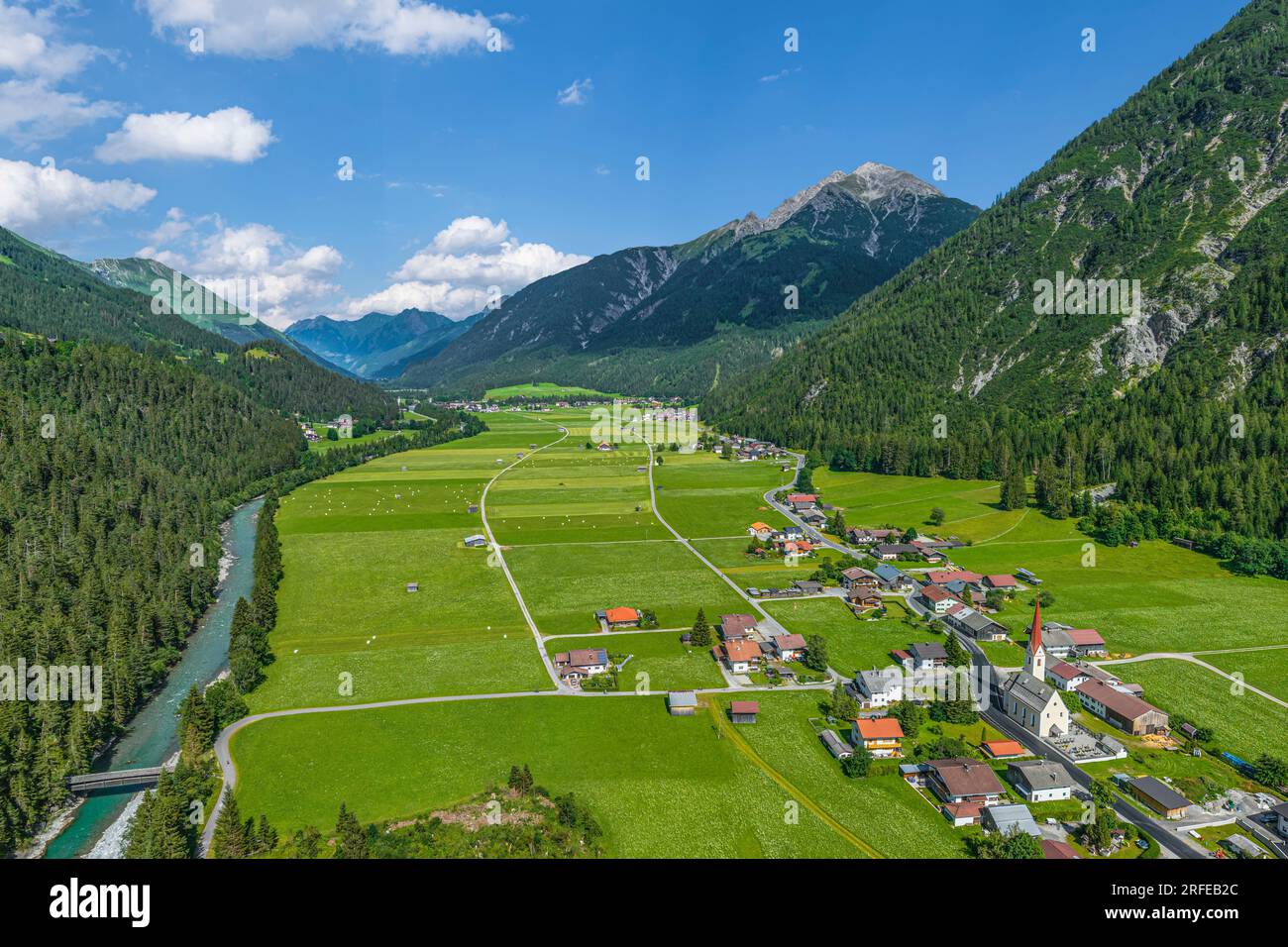 Aerial view to the small village of Stockach in the Lech Valley in Tyrol Stock Photo