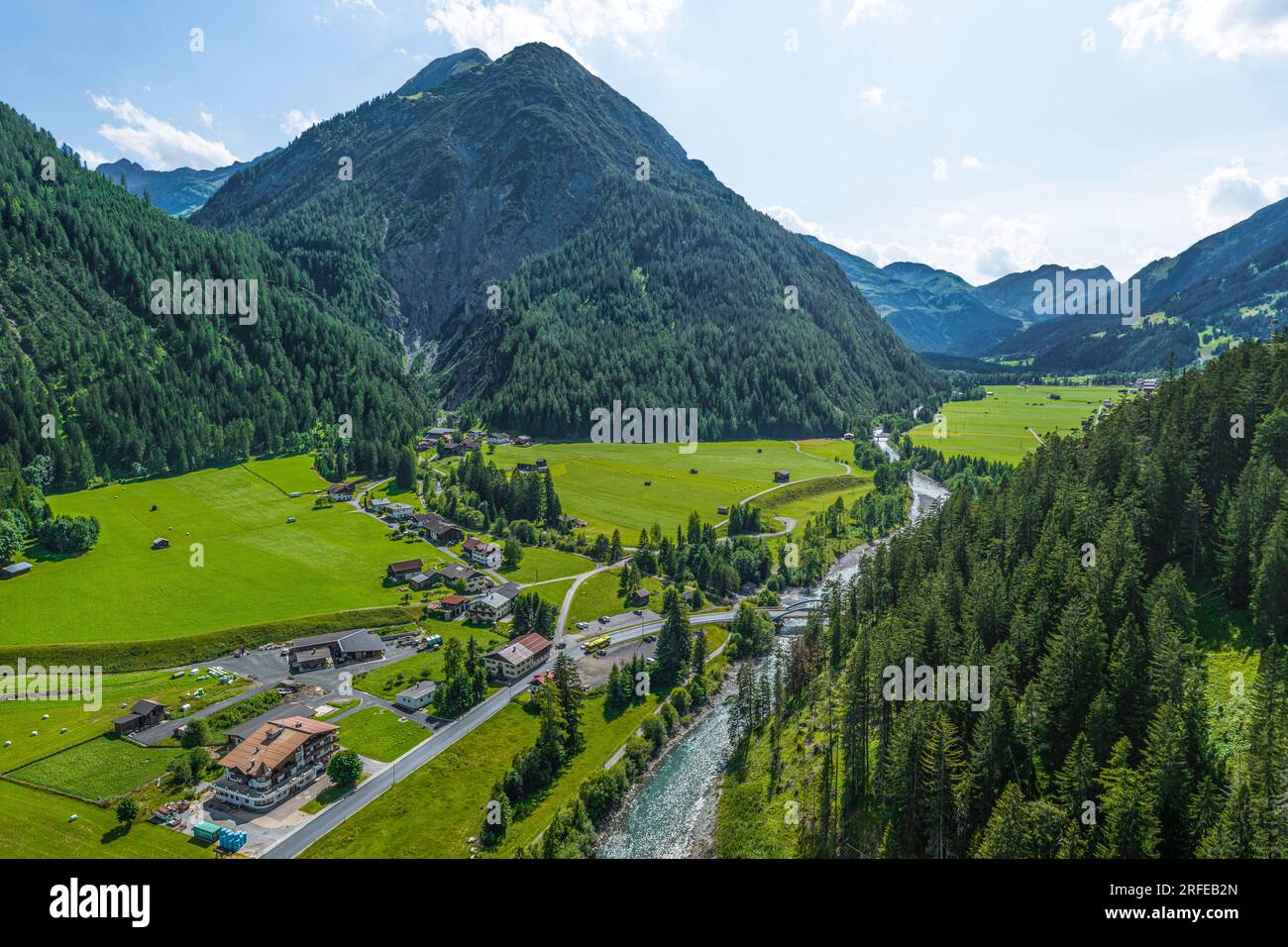 Aerial view to the small village of Stockach in the Lech Valley in Tyrol Stock Photo