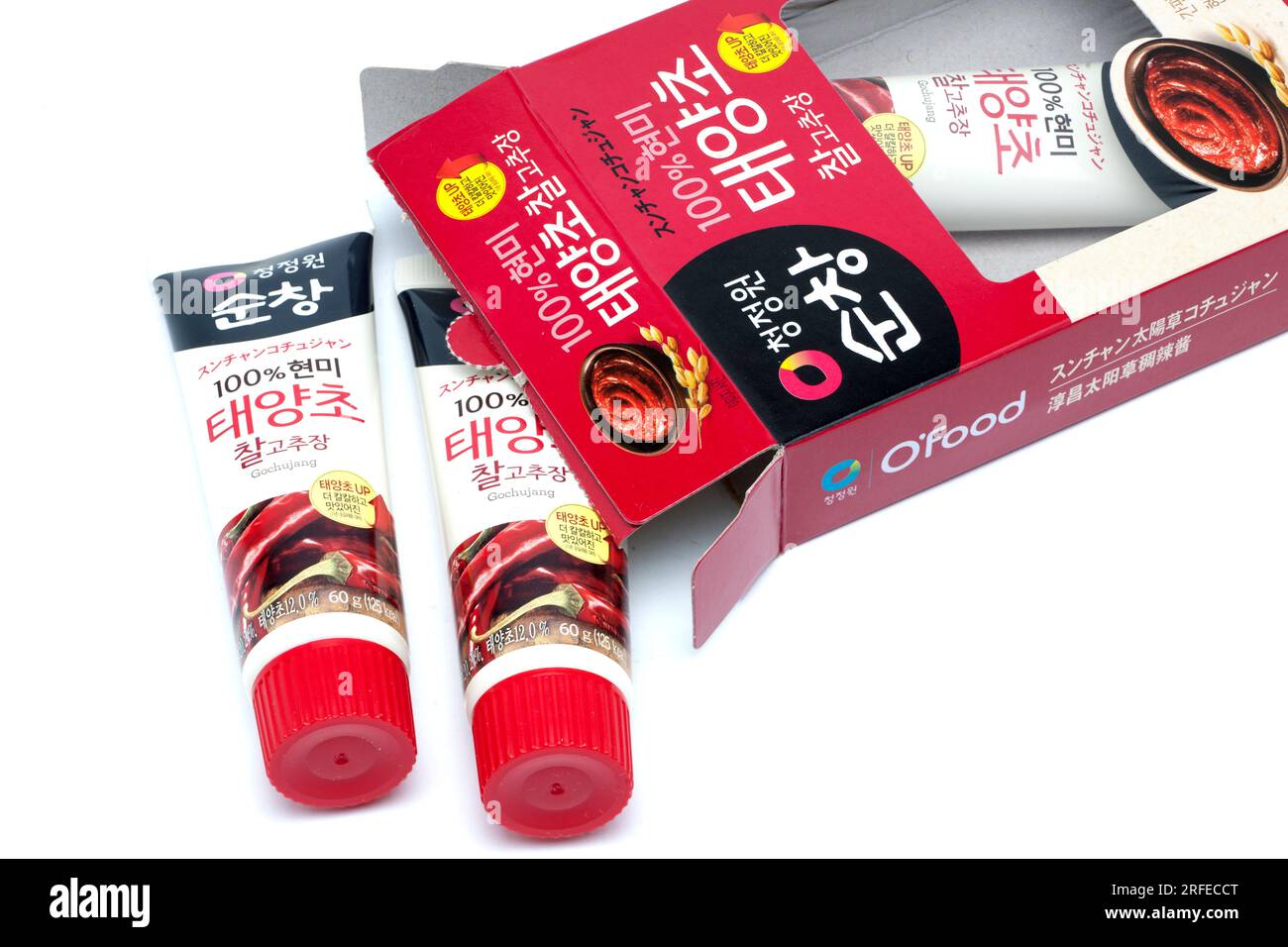 Three 60g Tubes and Box of Ofood Gochujang Red Pepper Paste from Korea Stock Photo