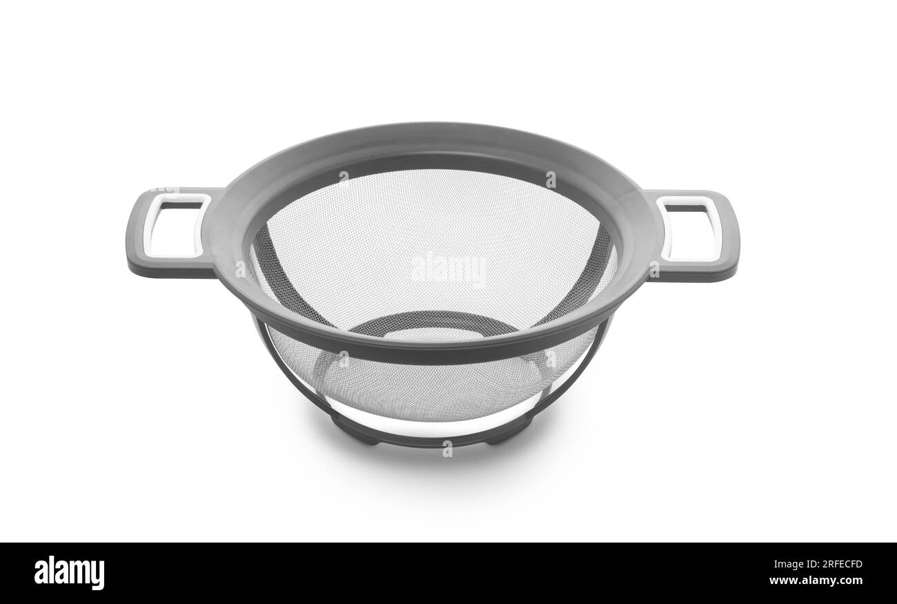 White plastic cooking colander or strainer with handles on white