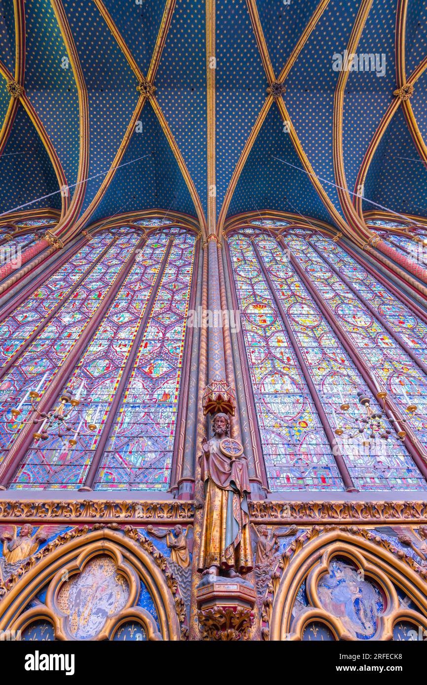 Monumental interior of Sainte-Chapelle with stained glass windows, upper level of royal chapel in the Gothic style. Palais de la Cite, Paris, France Stock Photo