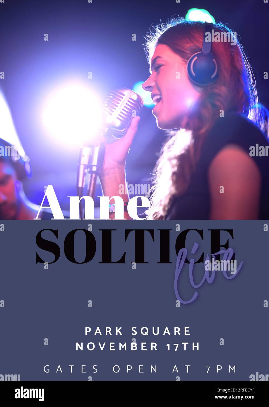 Anne soltice live, park square, november 17th, gates open at 7pm, caucasian woman singing on stage Stock Photo