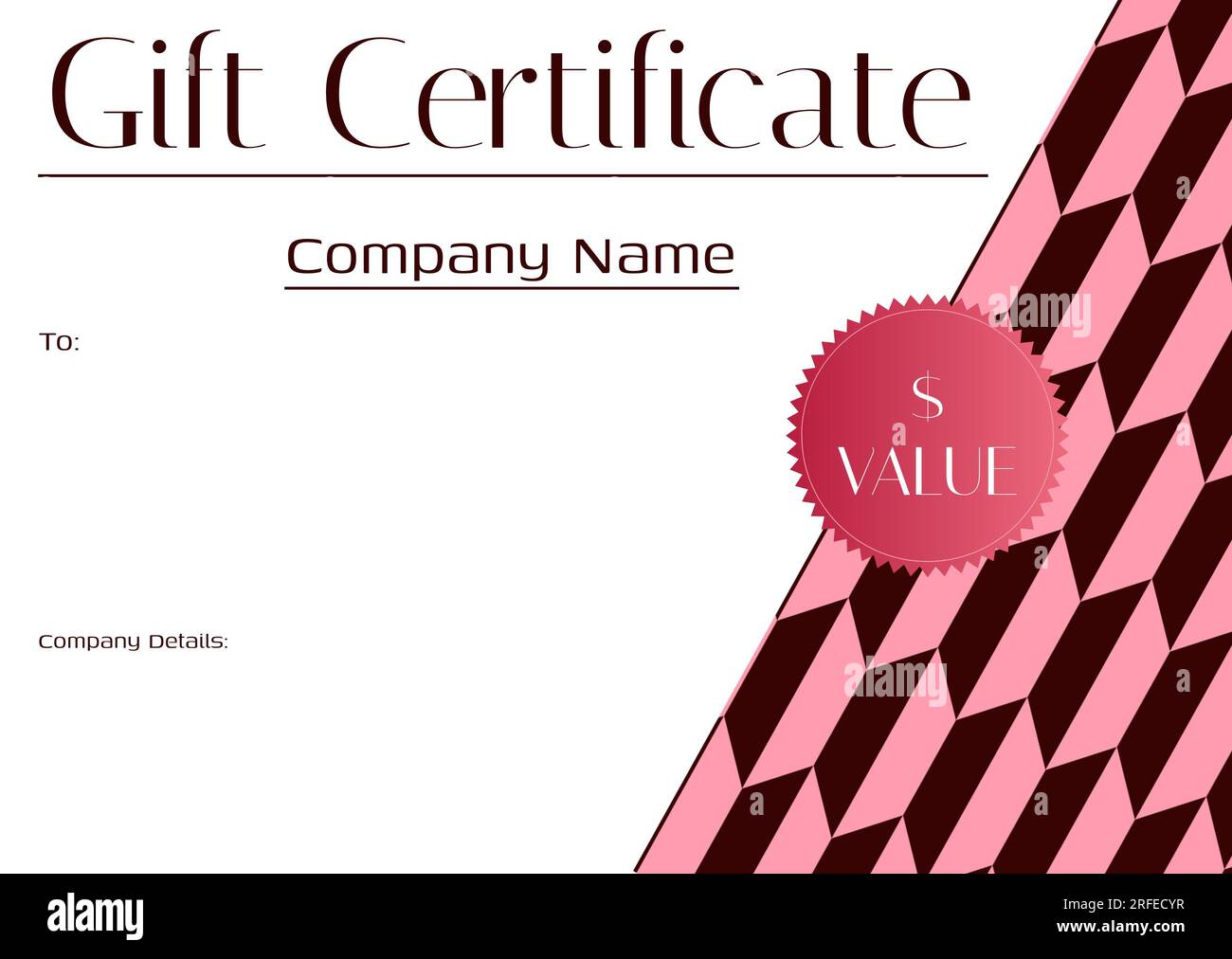 Gift certificate text, holding text and detail space with black and pink geometric pattern on white Stock Photo