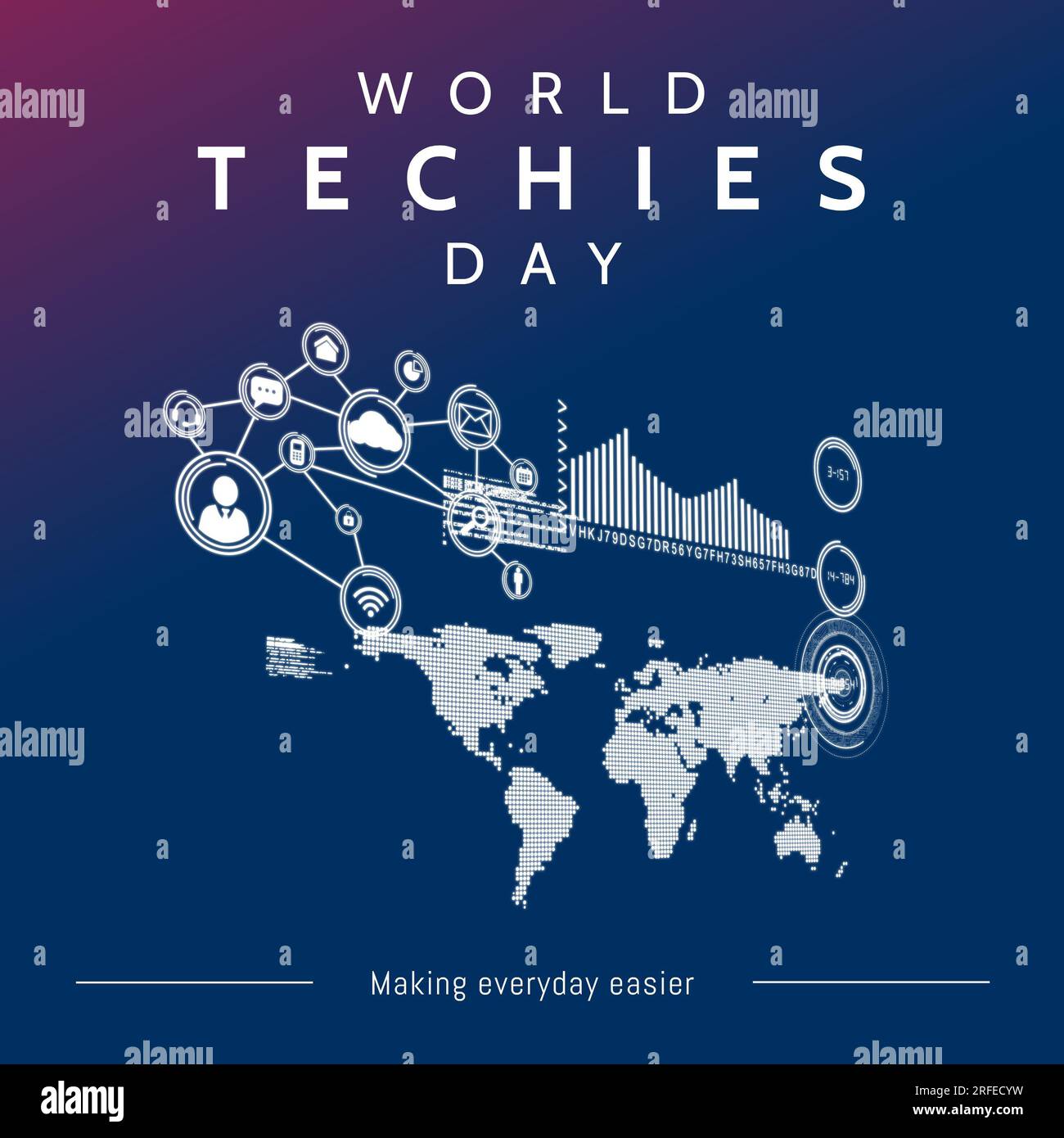World techies day text in white with network of media icons, world map and data, on blue Stock Photo