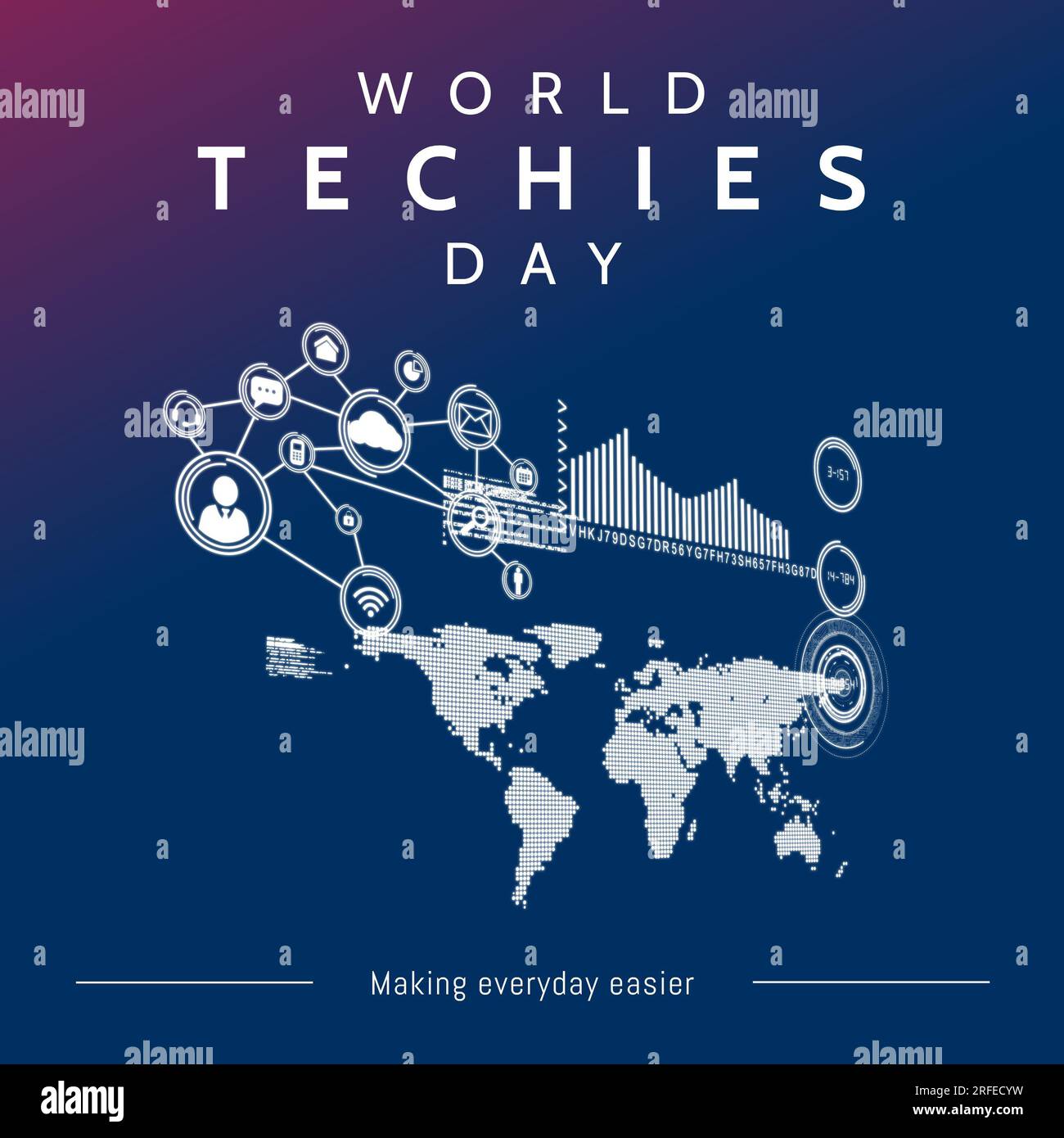 World techies day text in white with network of media icons, world map ...