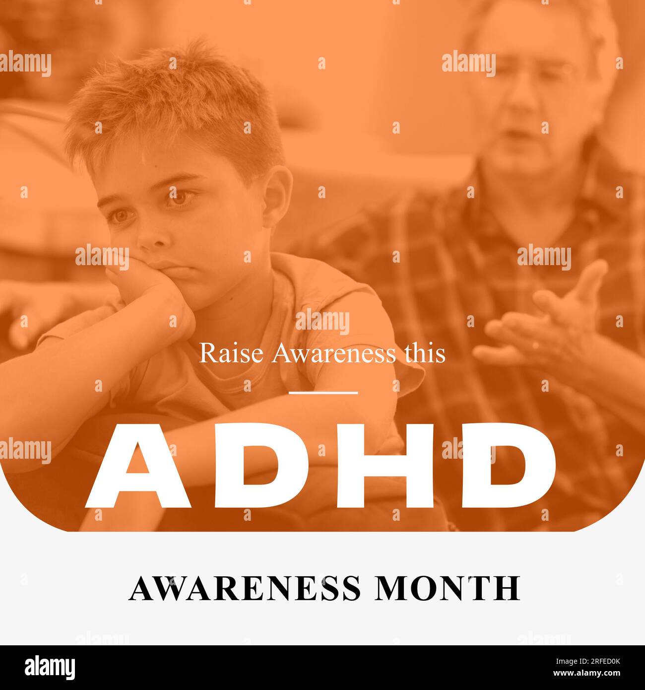 Adhd raise awareness text on orange with sad caucasian boy and