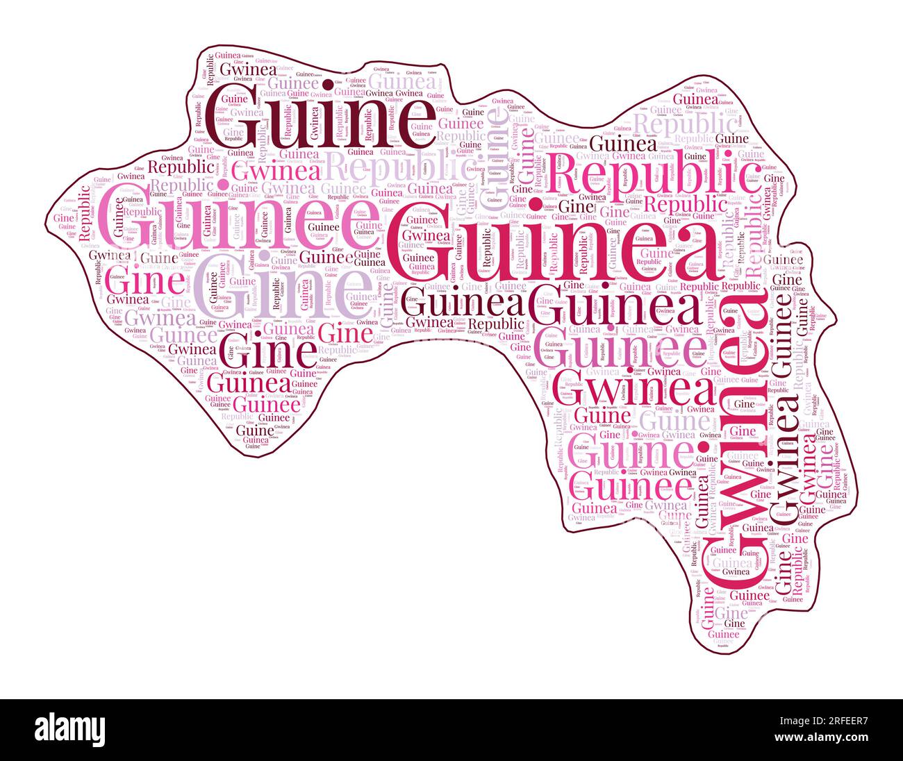 Guinea Shape Filled With Country Name In Many Languages. Guinea Map In 