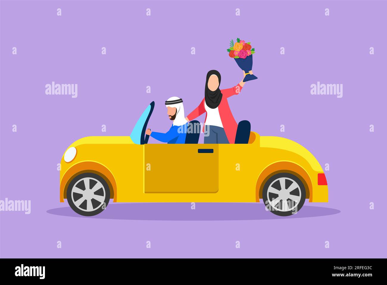 Graphic flat design drawing cute newly married couple groom in vehicle. Happy Arab man and beautiful woman riding wedding car. Married romantic couple Stock Photo