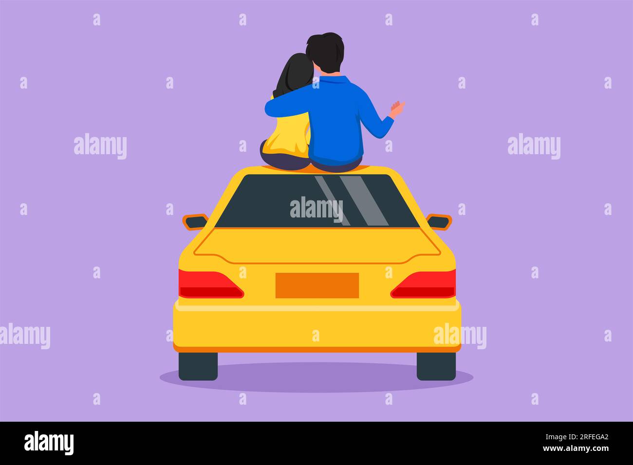Cartoon flat style drawing back view of loving romantic Arabian couple sitting on top of car. Happy couple getting ready for wedding. Engagement and l Stock Photo